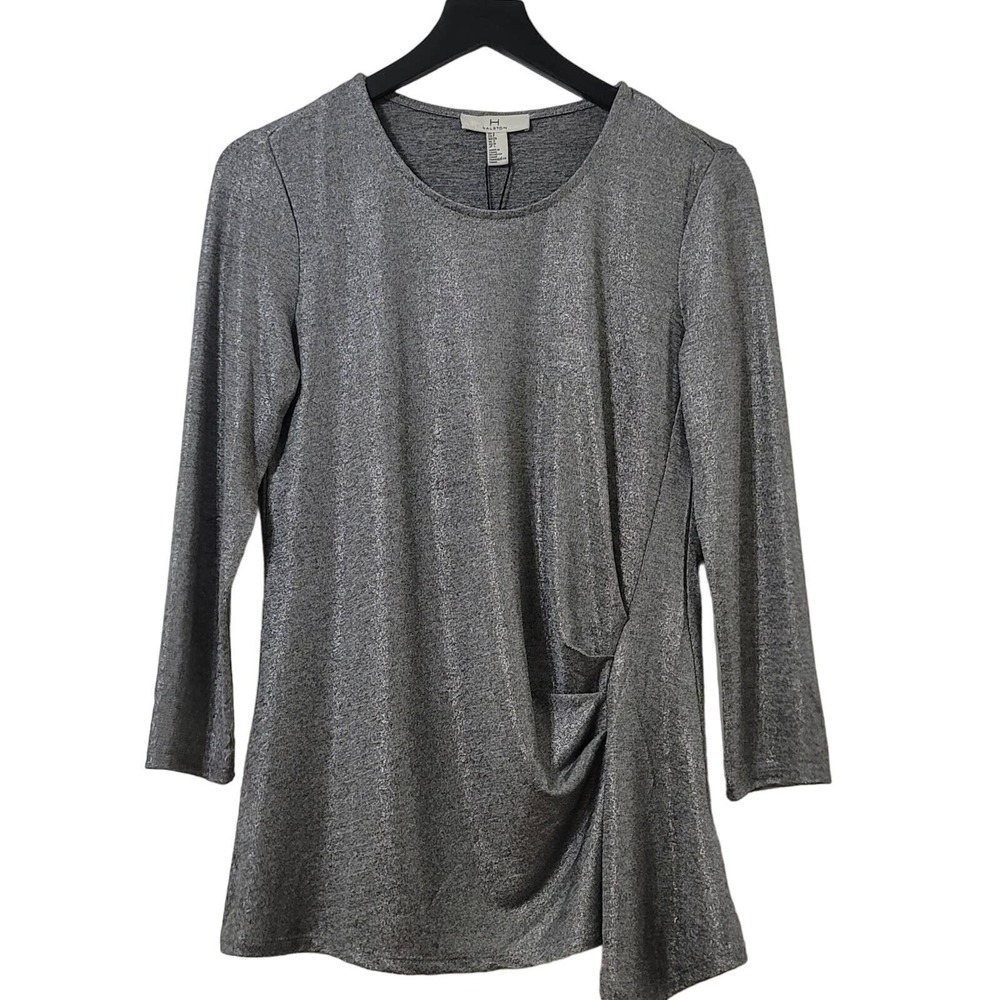 H by Halston Top Small Silver Shimmer Twist Front‎ 3/4 Sleeves Crew Neck Neutral